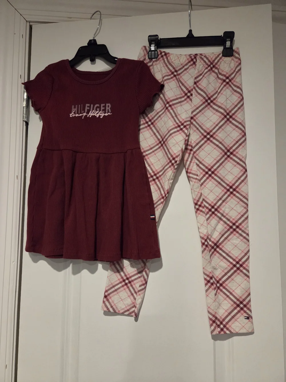 Tommy Hilfiger Girls Burgundy Ribbed Dress & Plaid Leggings Set